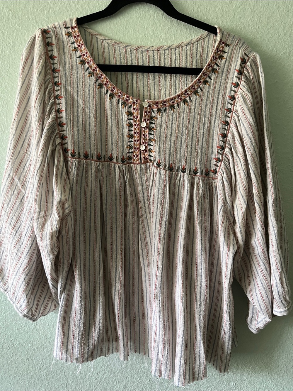Vintage Bohemian Striped Embroidered Peasant Top - White with Multicolor Accents
